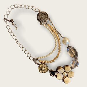 Vintage Silver Tone Statement Necklace with Faux Pearls and Rhinestones.